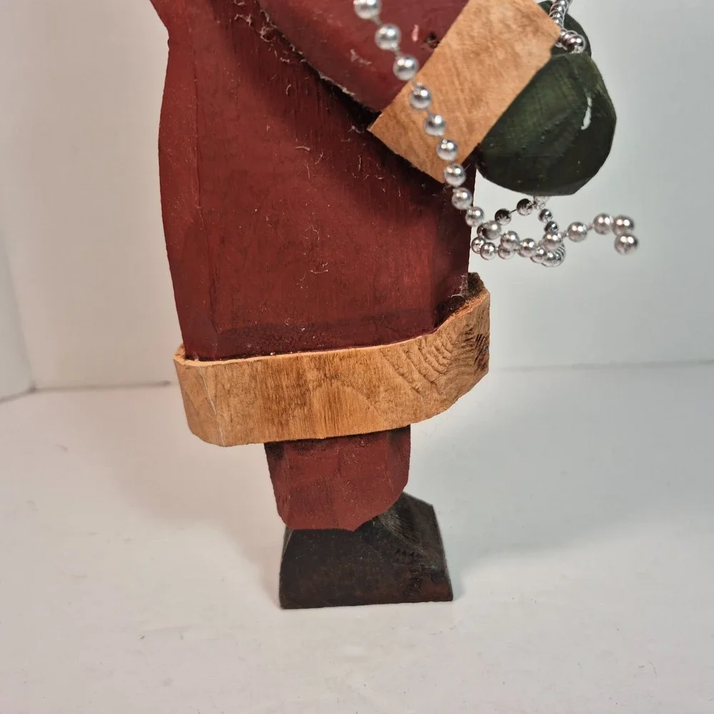 Hand Carved Folk Art Wood Santa Stringing Christmas Lights Signed JFS 11